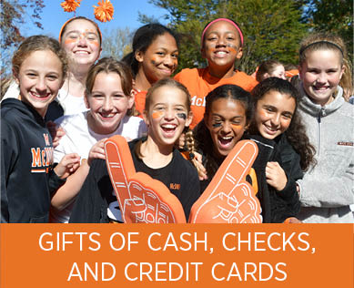 Students cheering. Links to Gifts of Cash, Check, and Credit Cards